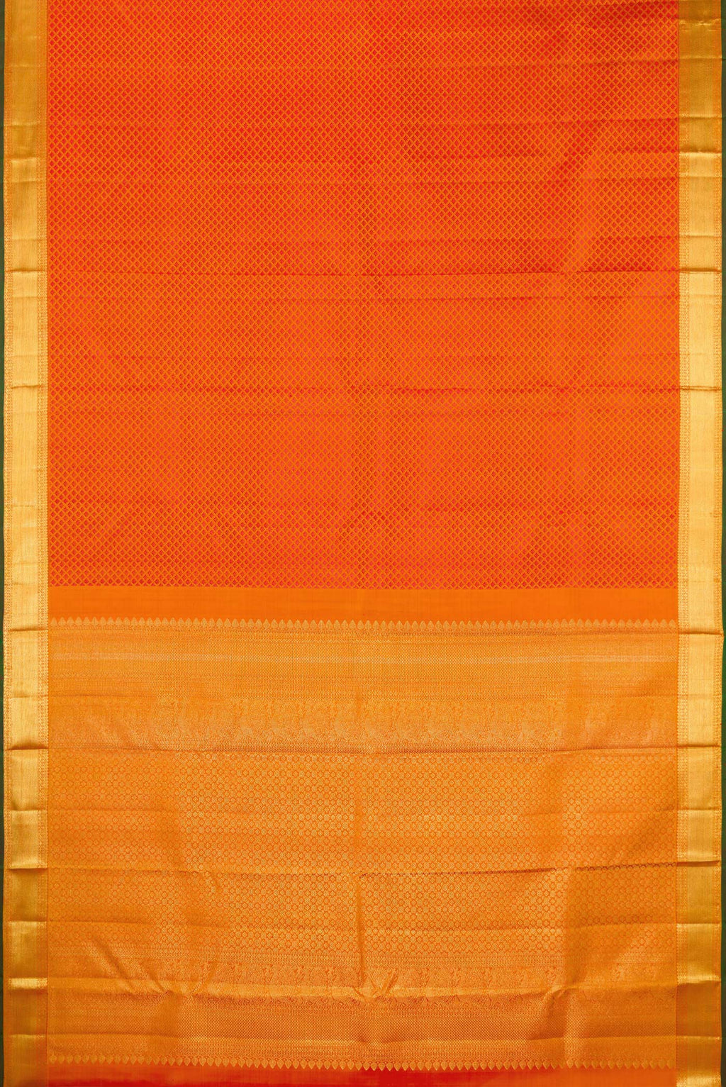 Flat view of Pure Silk Orange Kanjivaram Saree with Jacquard design on the body and Zari Border. 