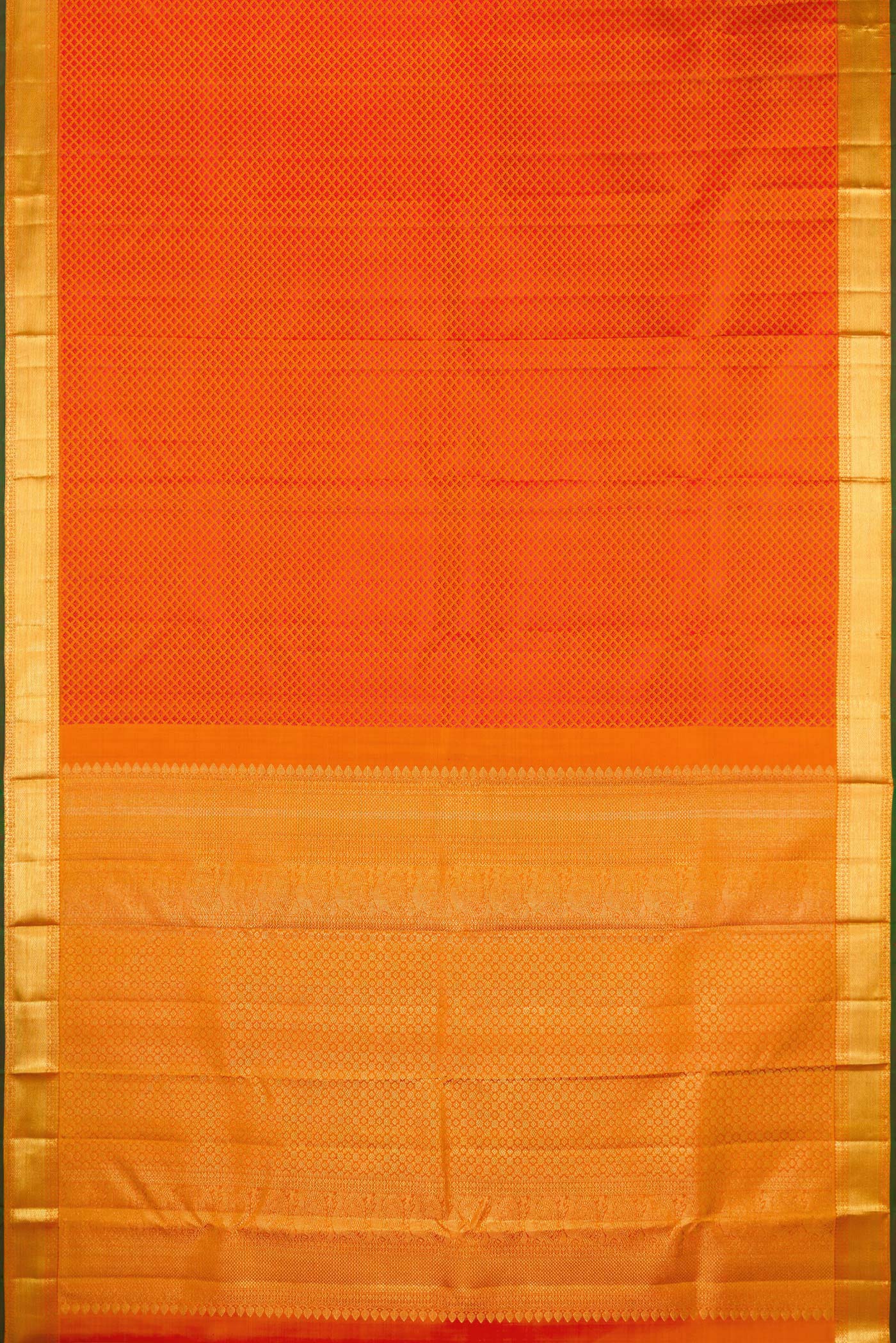 Flat view of Pure Silk Orange Kanjivaram Saree with Jacquard design on the body and Zari Border. 