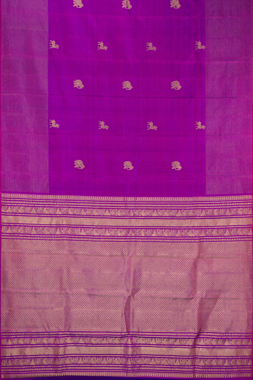 Flat view of Pure Silk Purple Kanchipuram Saree with Zari Butta on the body and Zari Border. 
