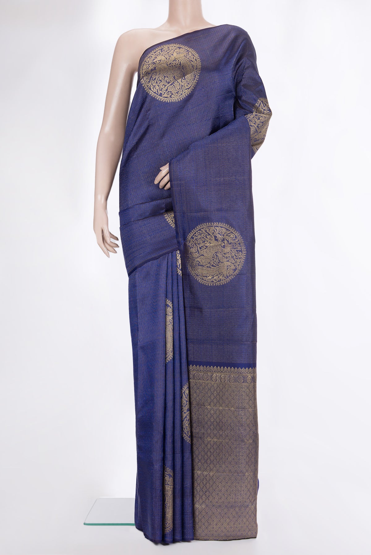 Pure Silk Royal Blue Kanchipuram Saree with Stripes on the body and Without Border.  displayed on a mannequin