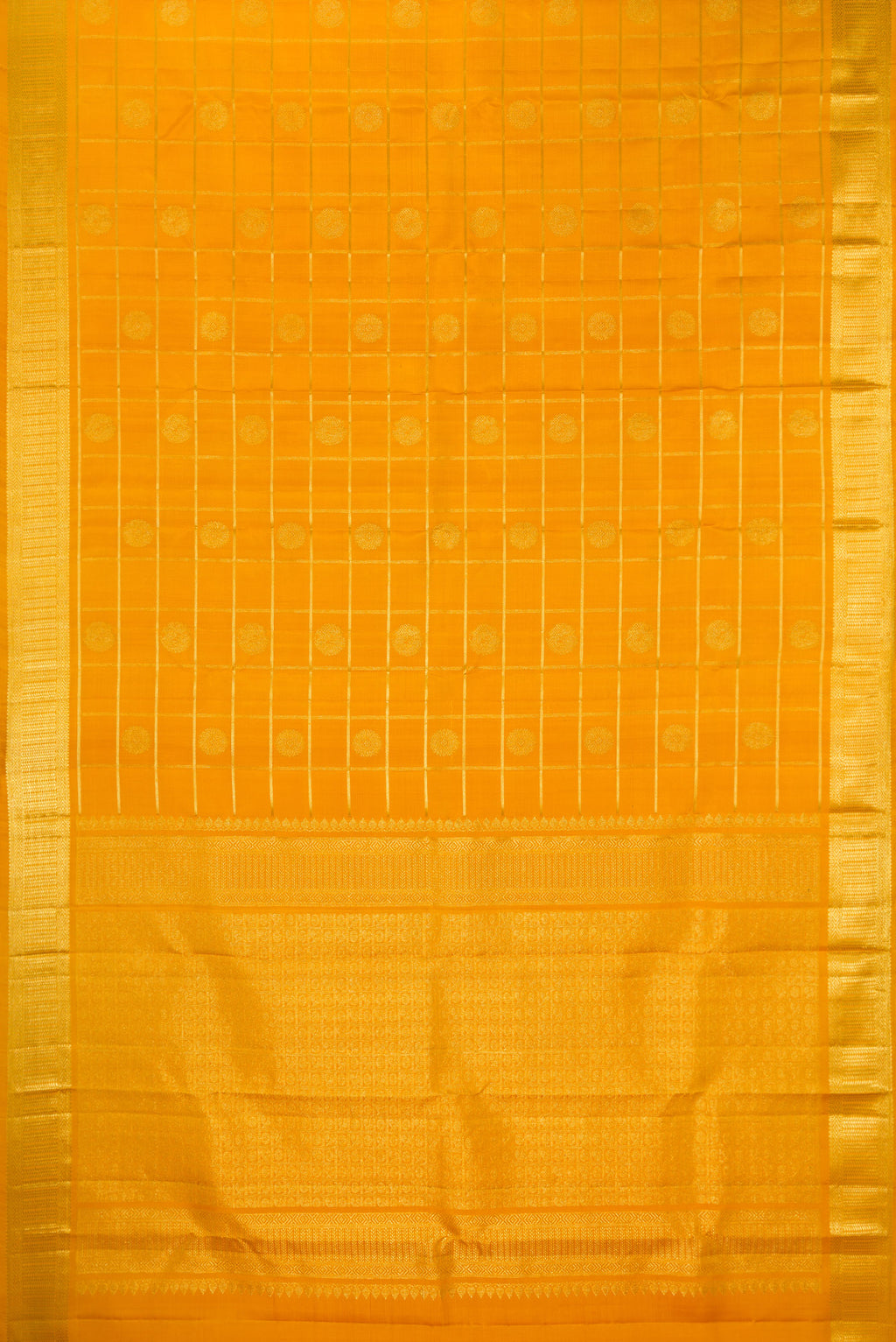 Flat view of Pure Silk Mustard Kanchipuram Saree with Checked design on the body and Zari Border. 