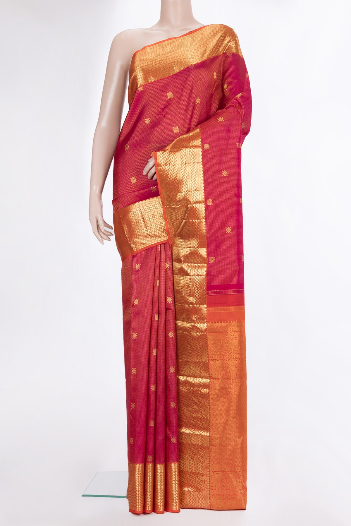 Pure Silk Pink Dual Tone Kanchipuram Saree with Stripes on the body and Zari Border.  displayed on a mannequin
