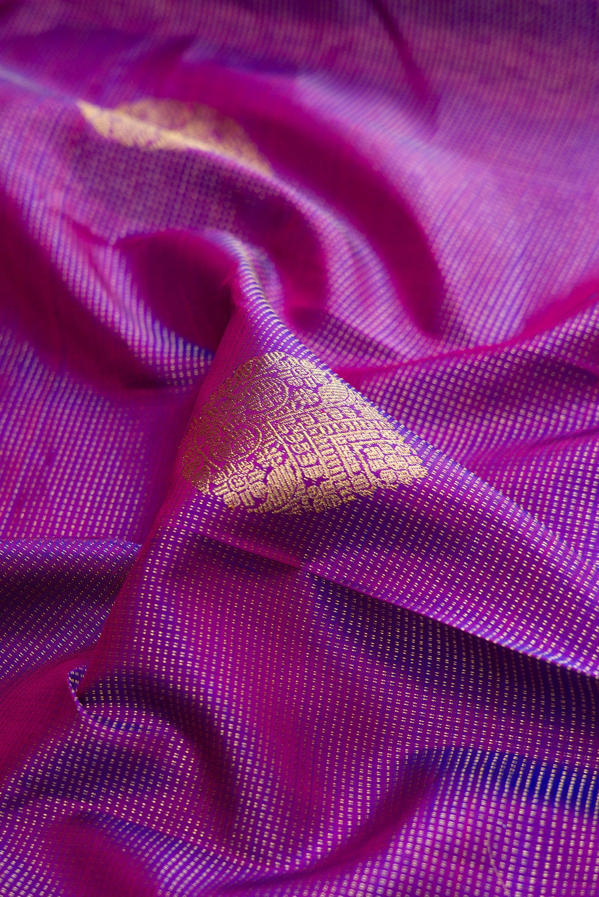 Close up of Pure Silk Purple Kanchipuram Saree with Zari Butta on the body and Zari Border.  displaying folds