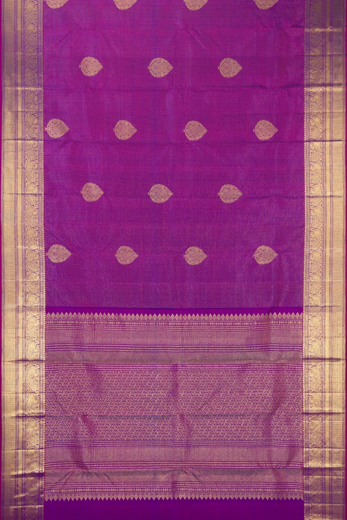 Flat view of Pure Silk Purple Kanchipuram Saree with Zari Butta on the body and Zari Border. 
