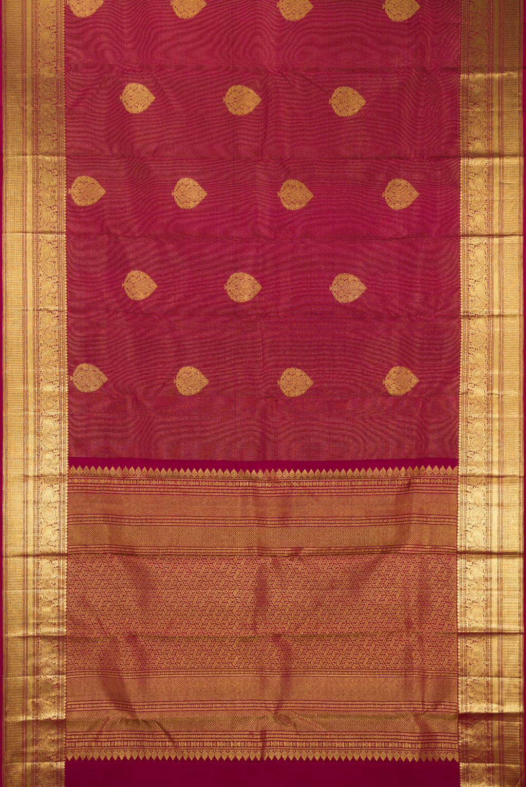Flat view of Pure Silk Maroon Kanchipuram Saree with Checked design on the body and Zari Border. 