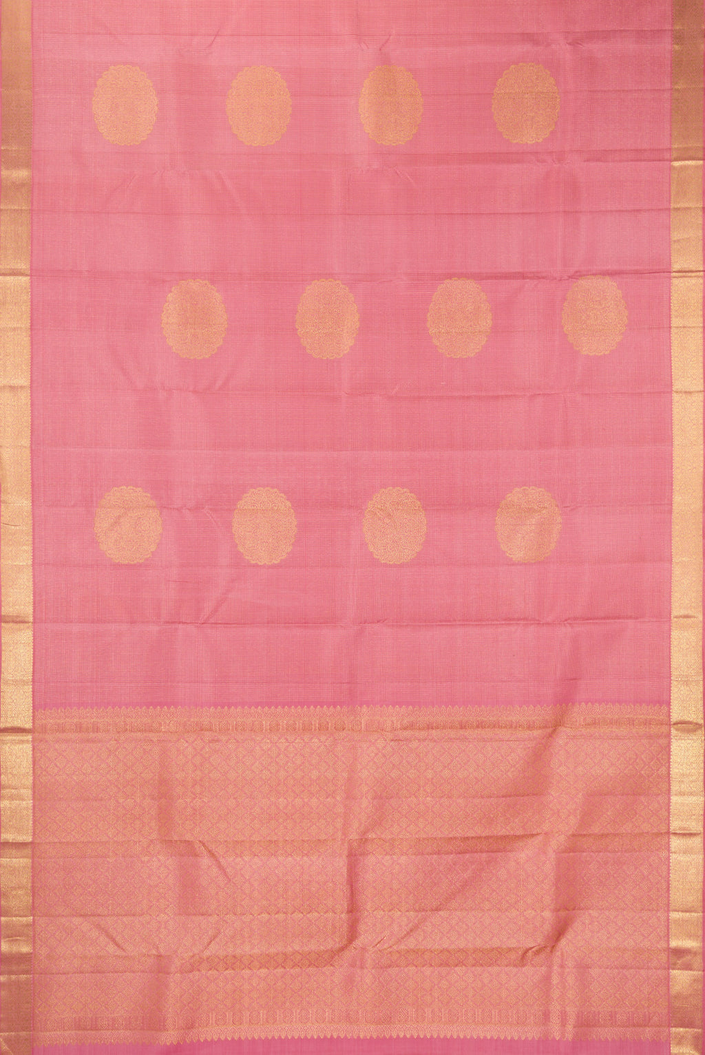 Flat view of Pure Silk Coral Dual Tone Kanchipuram Saree with Zari Butta on the body and Zari Border. 