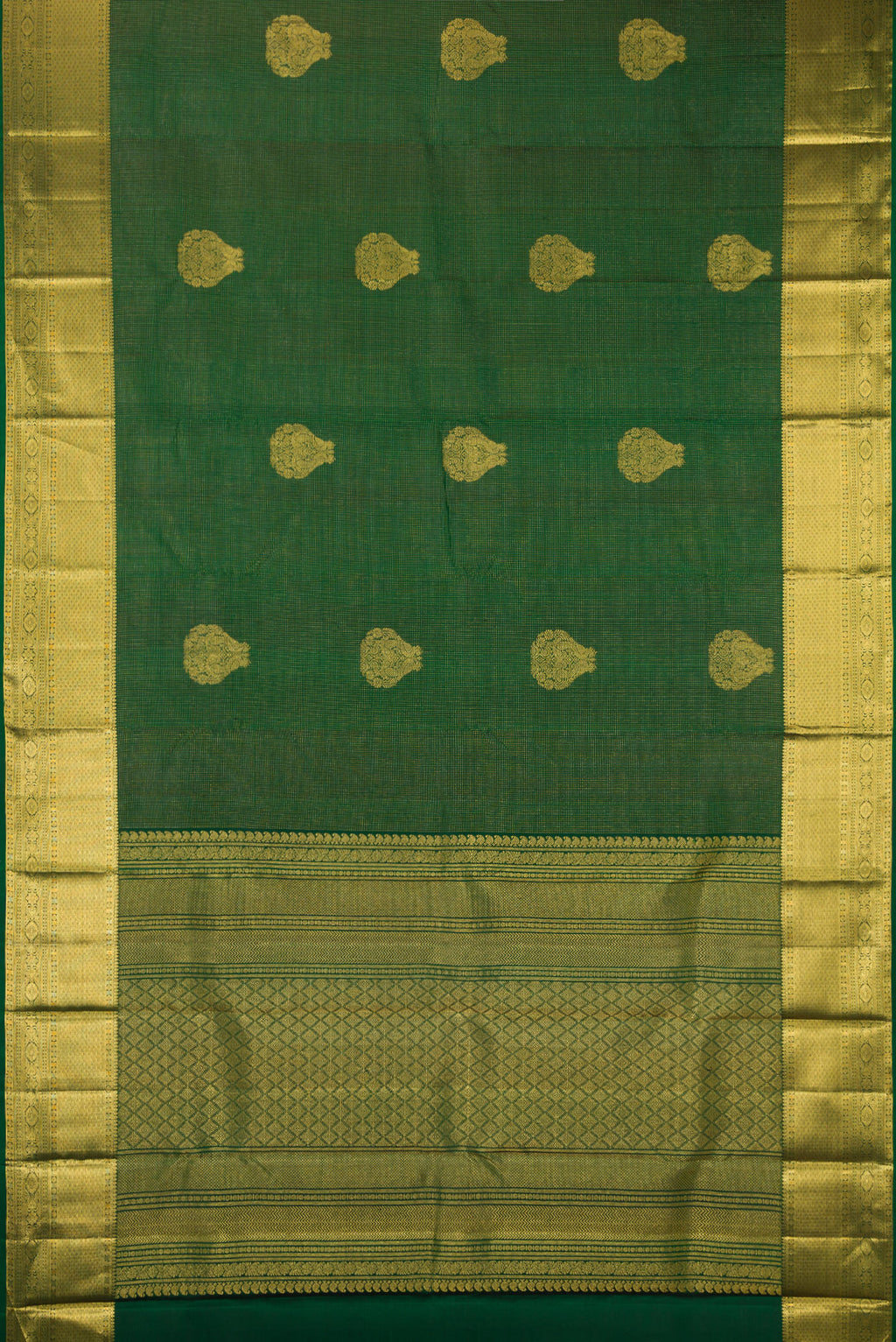 Flat view of Pure Silk Bottle Green Kanchipuram Saree with Zari Butta on the body and Zari Border. 
