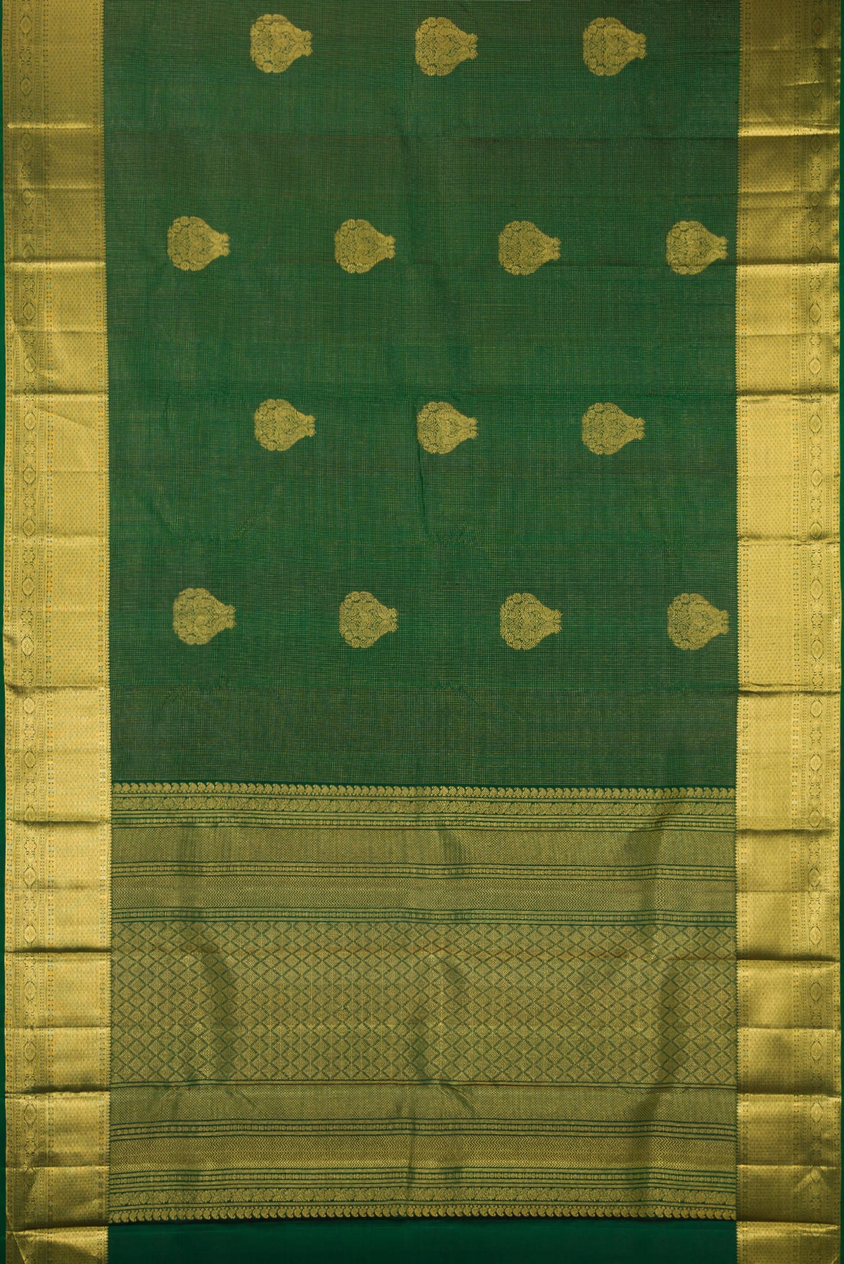 Flat view of Pure Silk Bottle Green Kanchipuram Saree with Zari Butta on the body and Zari Border. 