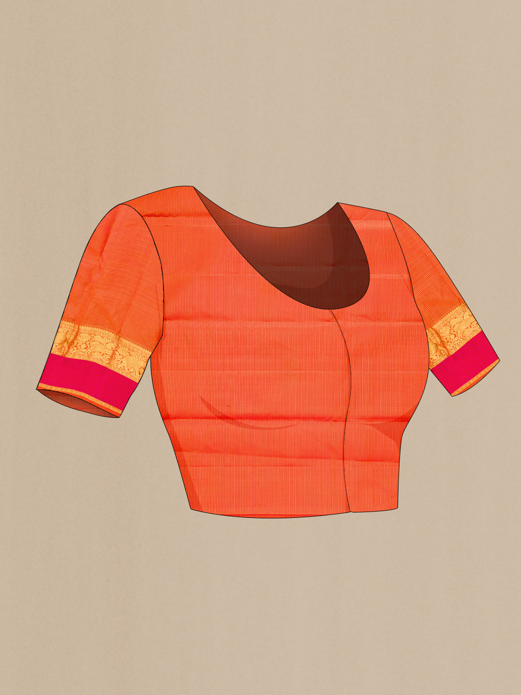 Close up image of the blouse of Pure Silk Mustard Kanjivaram Saree with Checked design on the body and Zari And Thread Border. 