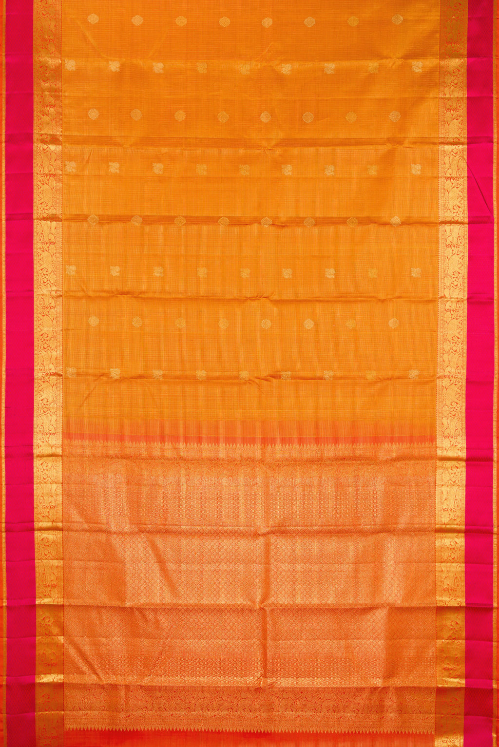 Flat view of Pure Silk Mustard Kanjivaram Saree with Checked design on the body and Zari And Thread Border. 