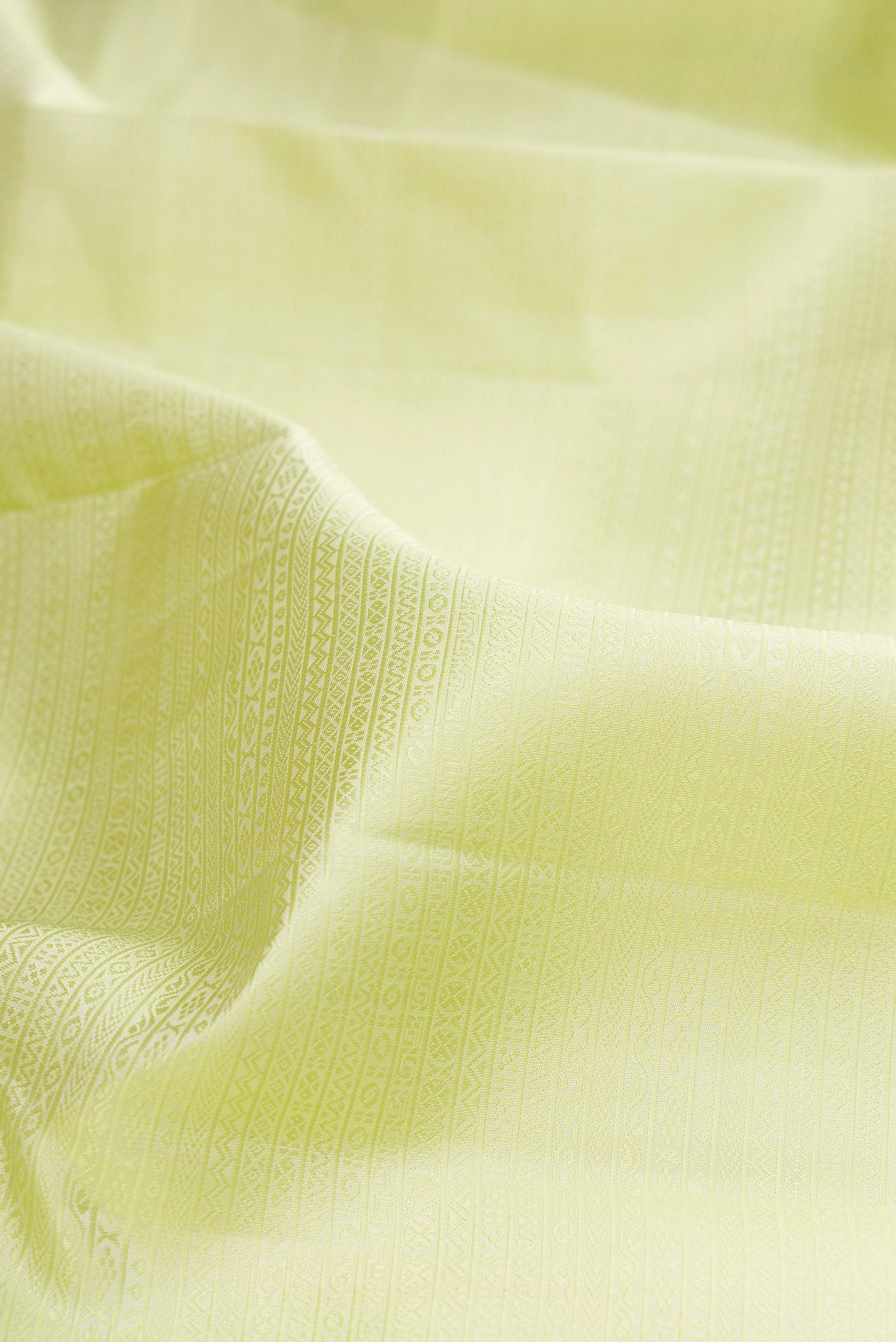 Close up of Pure Silk Pista Green Kanjivaram Saree with Jacquard design on the body and Zari Border.  displaying folds