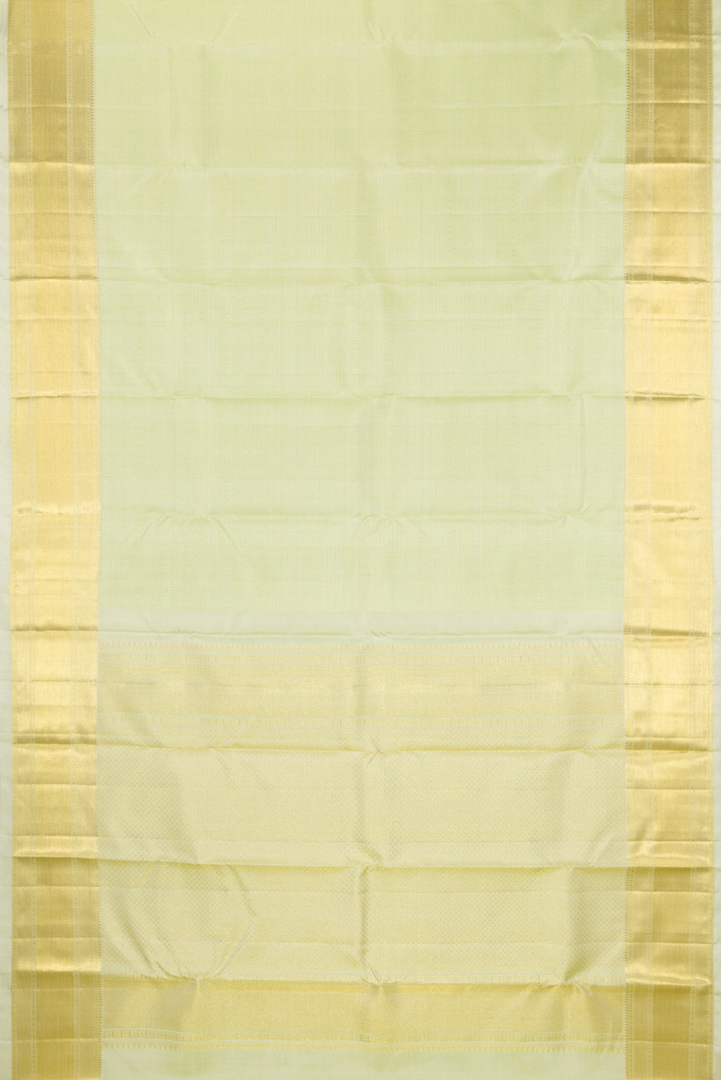 Flat view of Pure Silk Pista Green Kanjivaram Saree with Jacquard design on the body and Zari Border. 