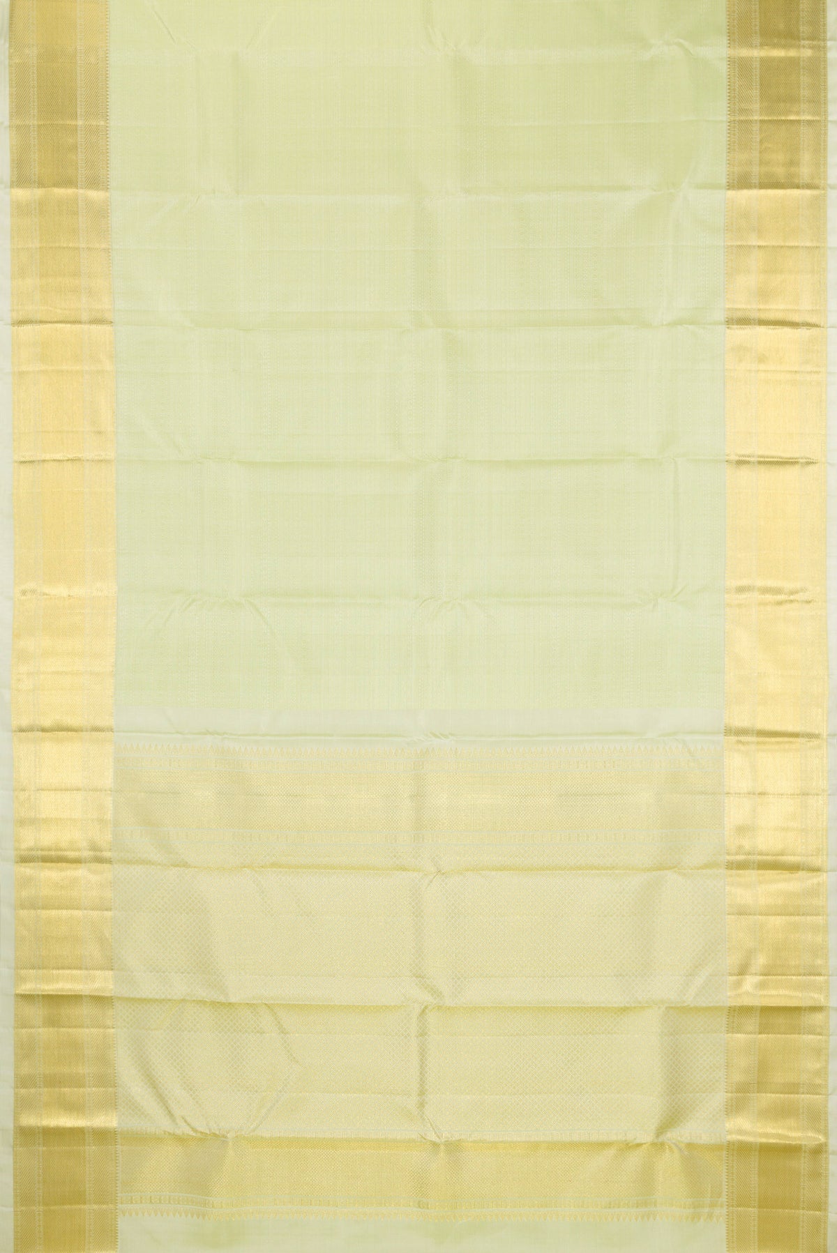 Flat view of Pure Silk Pista Green Kanjivaram Saree with Jacquard design on the body and Zari Border. 