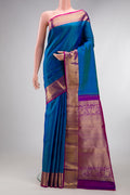 Pure Silk Peacock Blue Dual Tone Kanjivaram Saree with Jacquard design on the body and Zari Border.  displayed on a mannequin