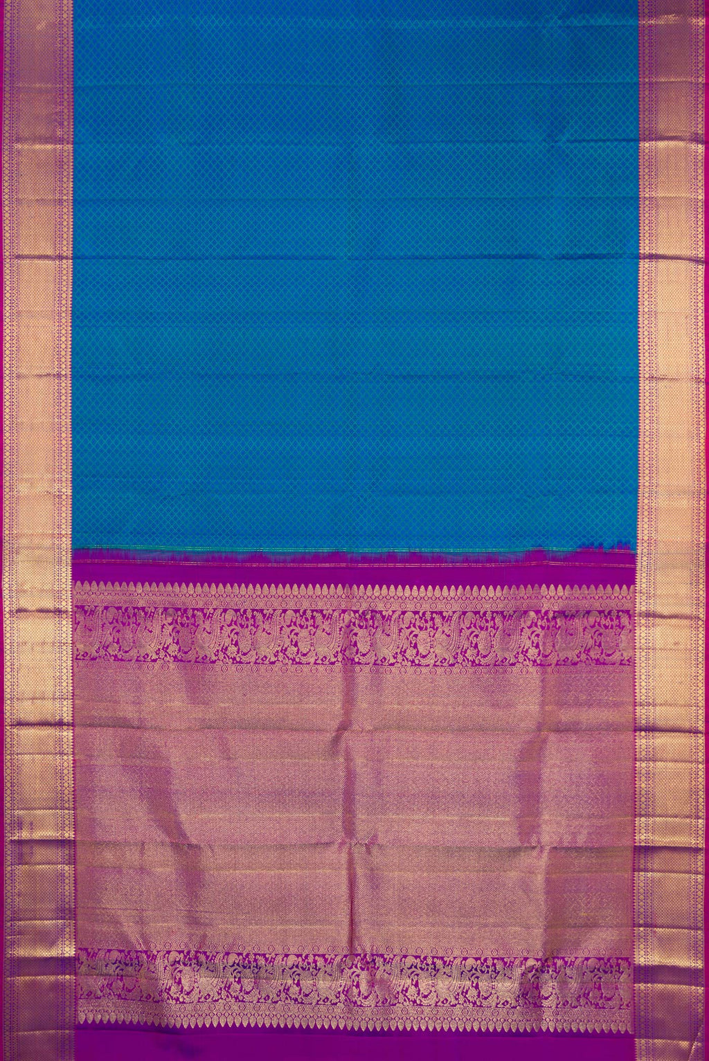 Flat view of Pure Silk Peacock Blue Dual Tone Kanjivaram Saree with Jacquard design on the body and Zari Border. 