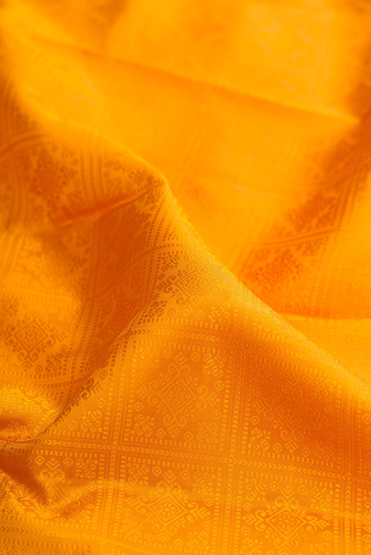 Close up of Pure Silk Mustard Kanjivaram Saree with Jacquard design on the body and Zari Border.  displaying folds