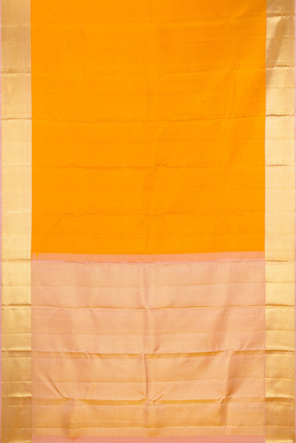 Flat view of Pure Silk Mustard Kanjivaram Saree with Jacquard design on the body and Zari Border. 