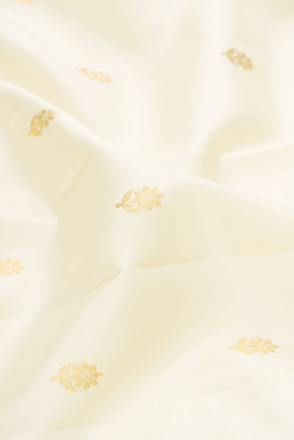 Close up of Off White Kanjivaram Silk Saree with Zari Butta on the body and Zari Border.  displaying folds