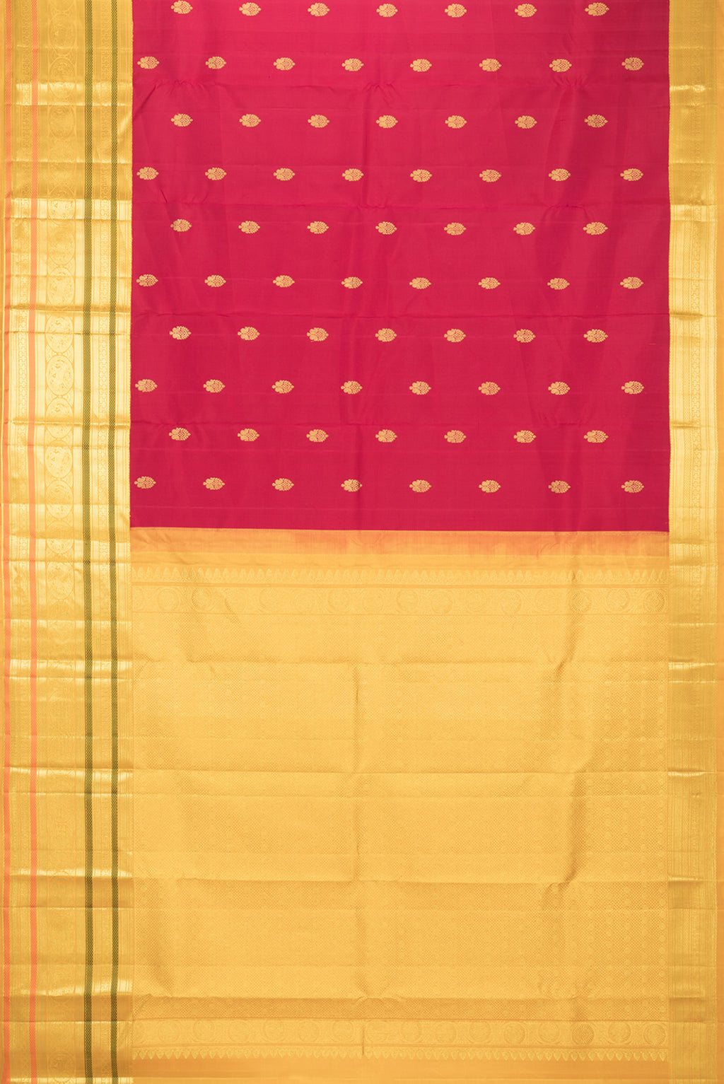 Flat view of Pure Silk Red Kanjivaram Saree with Zari Butta on the body and Zari Border. 