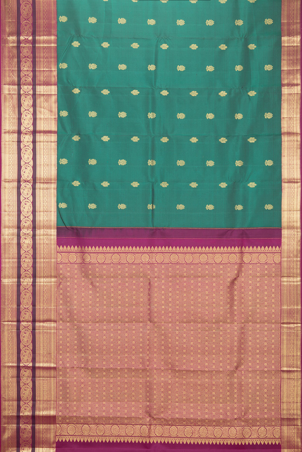 Flat view of Pure Silk Bottle Green Kanjivaram Saree with Zari Butta on the body and Zari Border. 