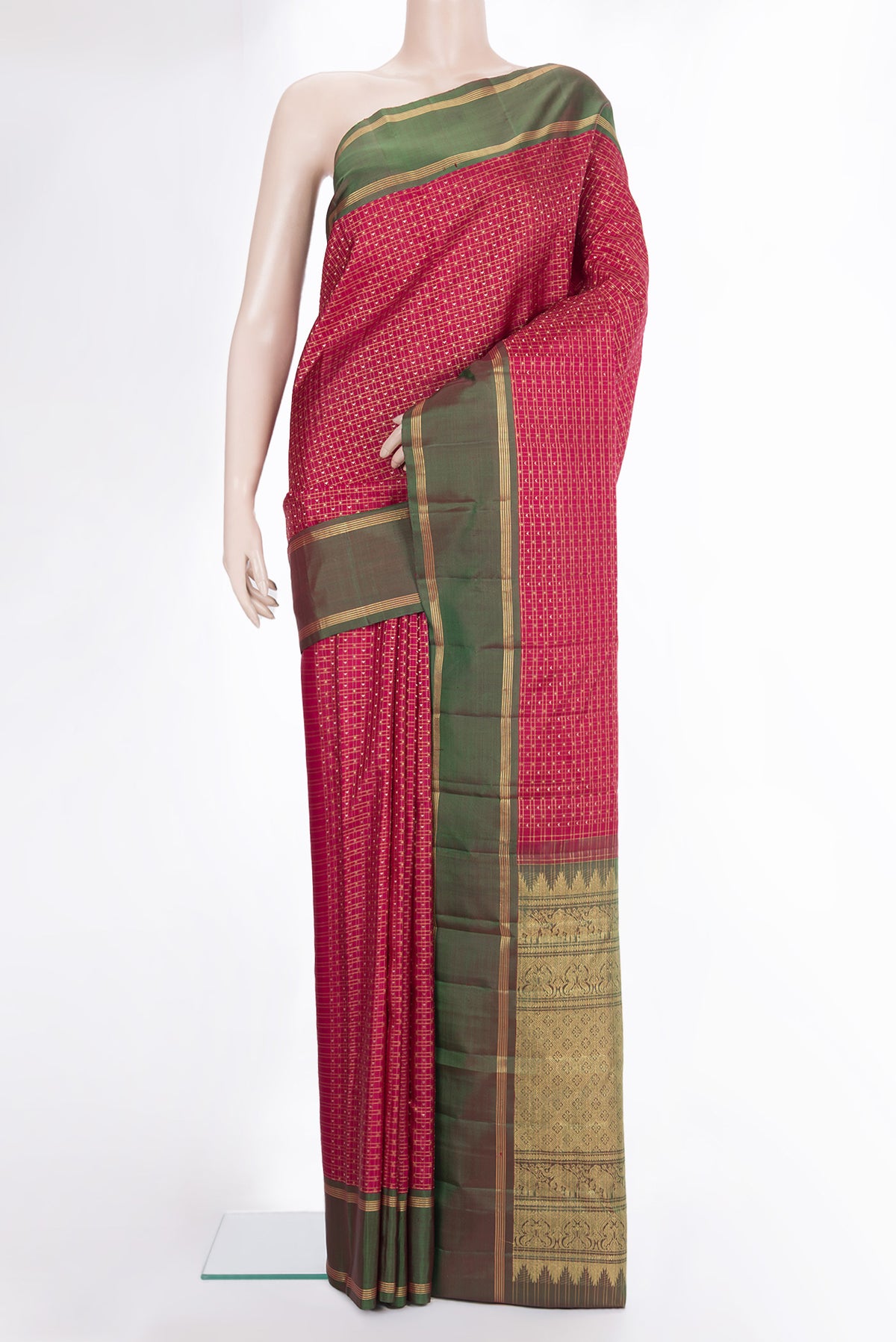 Pure Silk Deep Red Kanchipuram Saree with Checked design on the body and Zari Border.  displayed on a mannequin