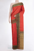 Pure Silk Orange Kanchipuram Saree with Checked design on the body and Plain Border.  displayed on a mannequin