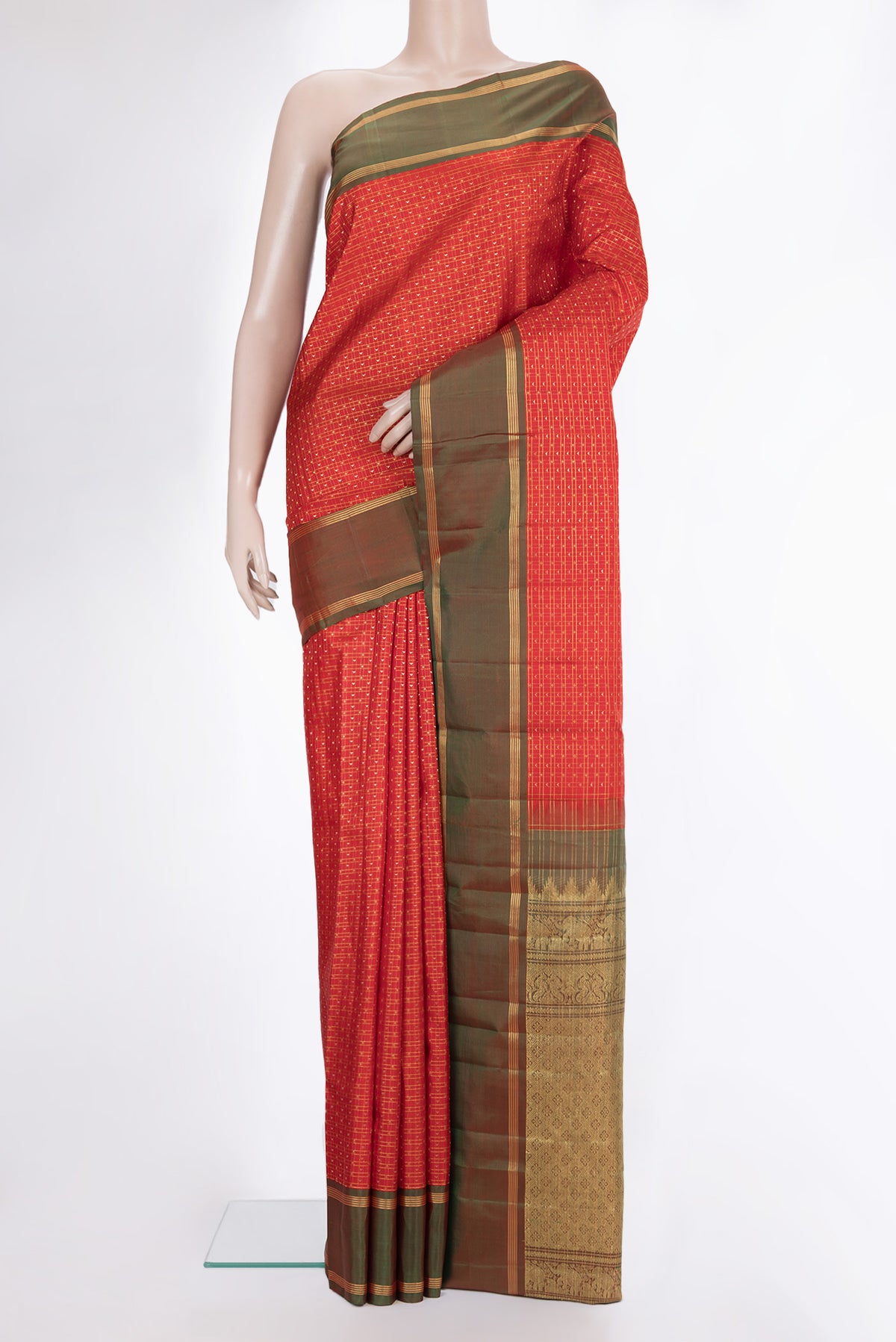 Pure Silk Orange Kanchipuram Saree with Checked design on the body and Plain Border.  displayed on a mannequin
