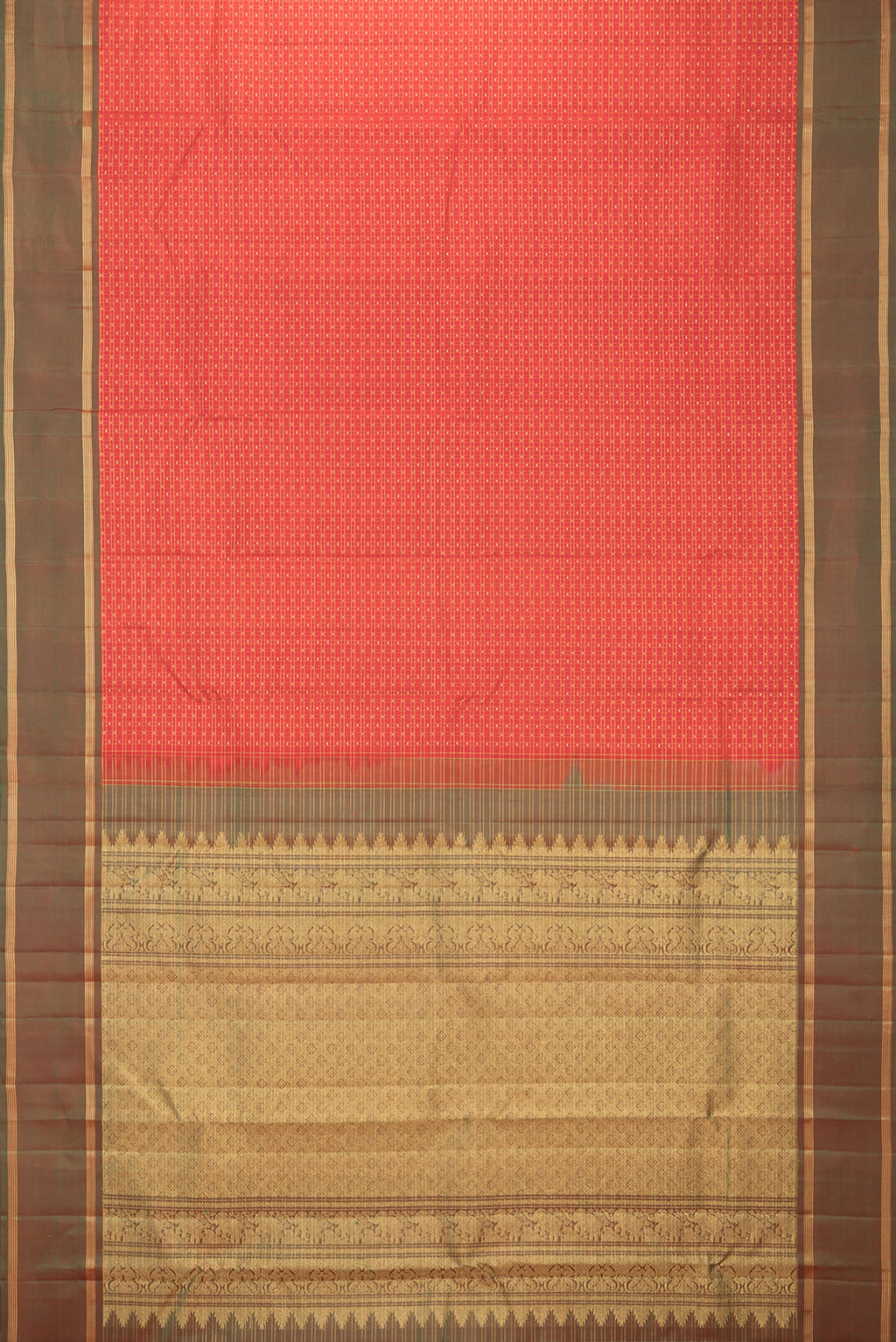 Flat view of Pure Silk Orange Kanchipuram Saree with Checked design on the body and Plain Border. 