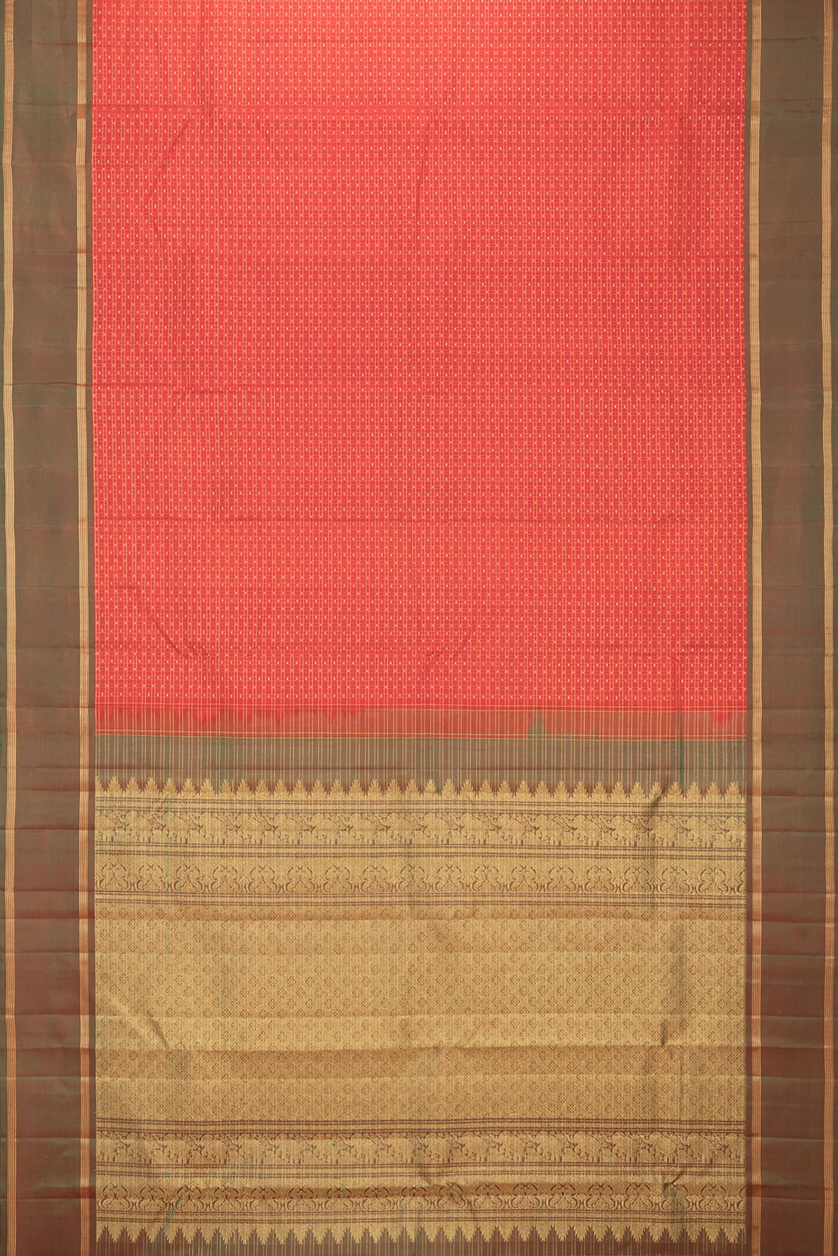 Flat view of Pure Silk Orange Kanchipuram Saree with Checked design on the body and Plain Border. 