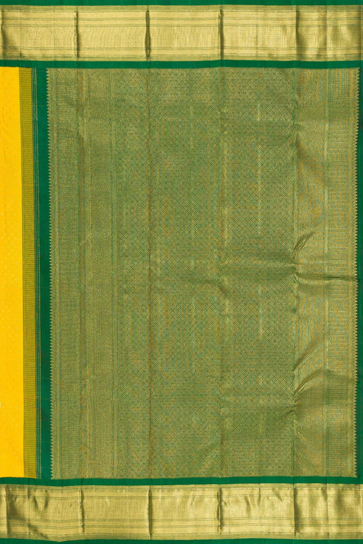 Close up image of the pallu of Pure Silk Yellow Kanjivaram Saree with Zari Brocade on the body and Zari Border. 