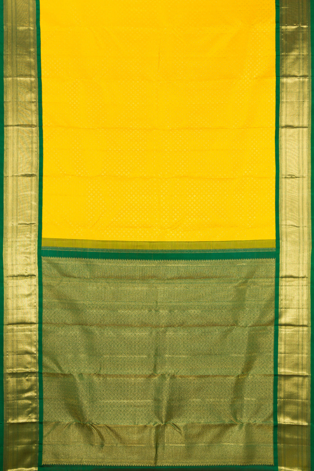 Flat view of Pure Silk Yellow Kanjivaram Saree with Zari Brocade on the body and Zari Border. 