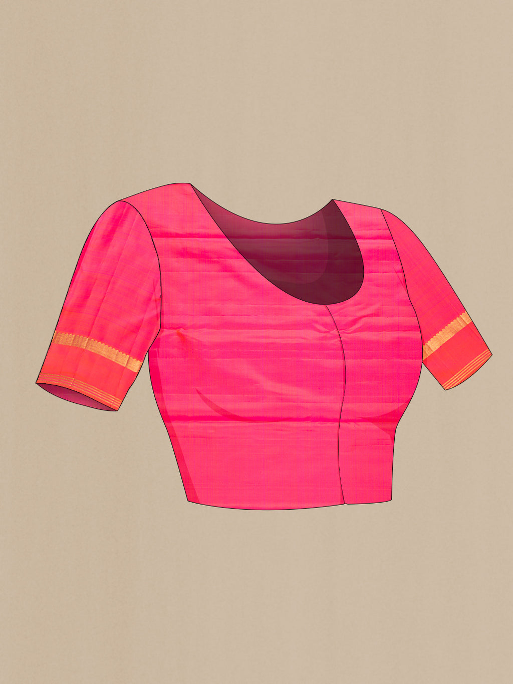 Close up image of the blouse of Pure Silk Pink with Orange Color Kanjivaram Saree with Zari Brocade on the body and Zari Border. 