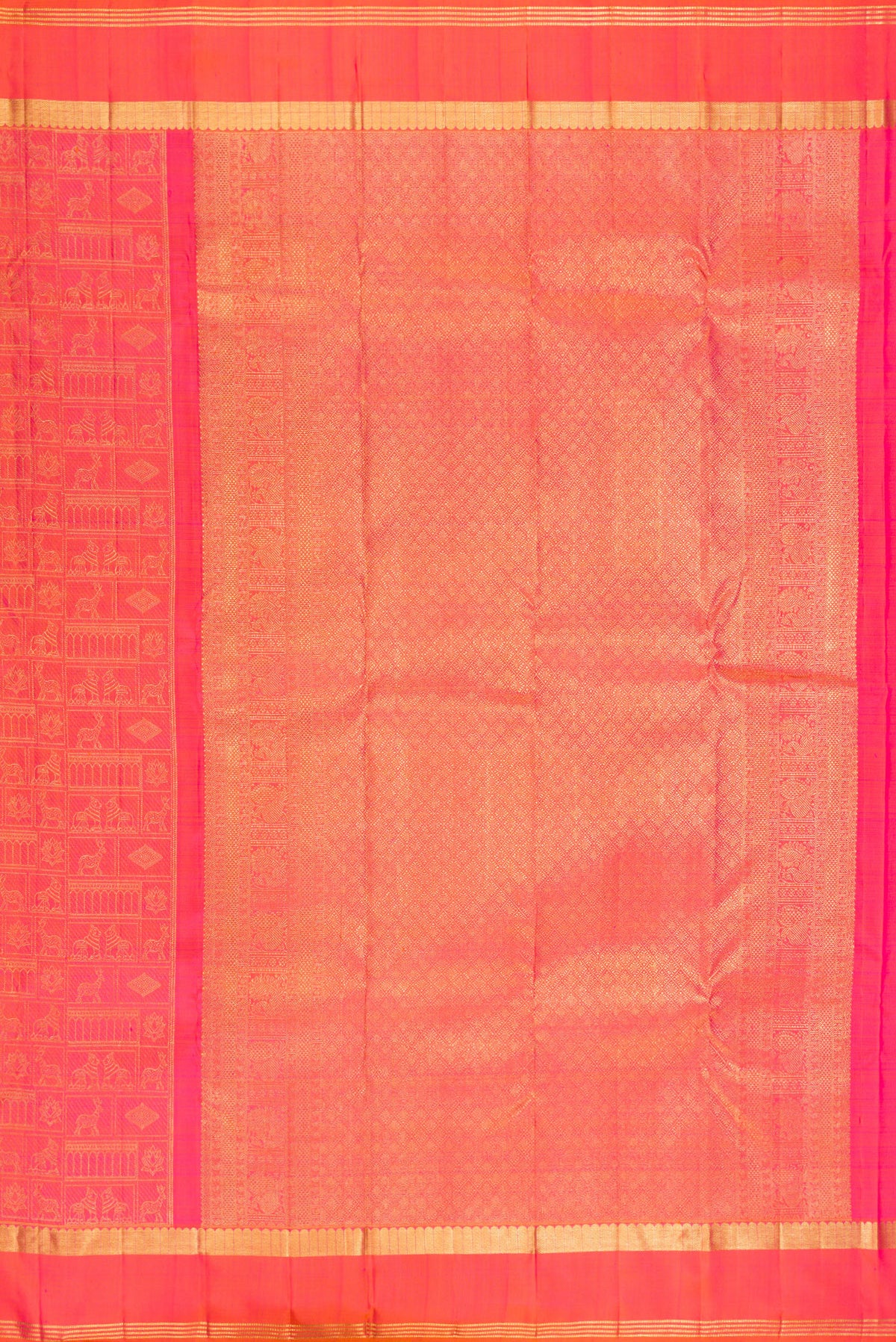 Close up image of the pallu of Pure Silk Pink with Orange Color Kanjivaram Saree with Zari Brocade on the body and Zari Border. 