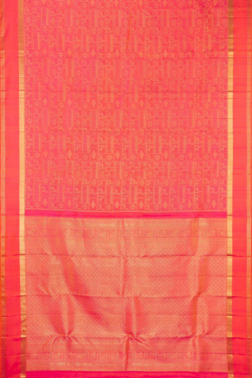 Flat view of Pure Silk Pink with Orange Color Kanjivaram Saree with Zari Brocade on the body and Zari Border. 