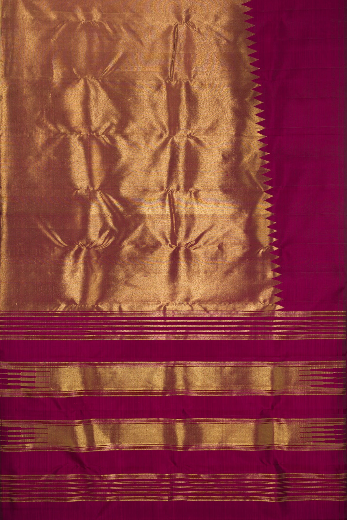 Flat view of Pure Silk Maroon Kanjivaram Saree with Plain Body and Rising Temple Border. 