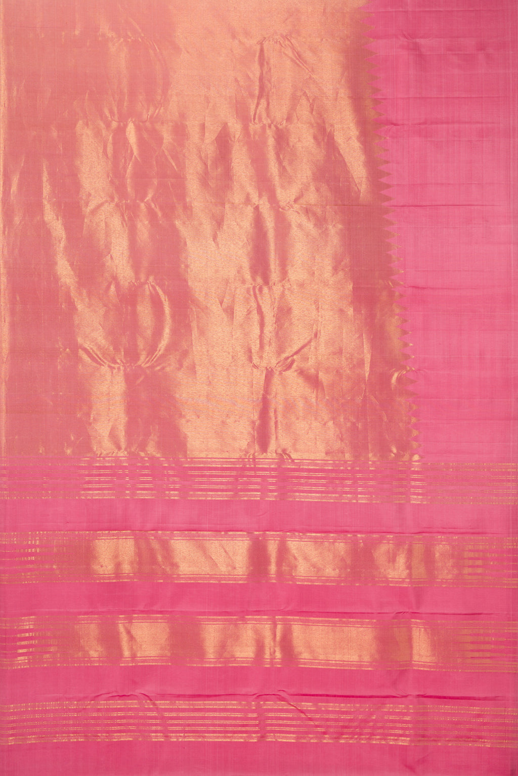 Flat view of Pure Silk Pink Dual Tone Kanjivaram Saree with Plain Body and Rising Temple Border. 