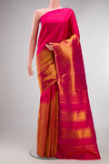 Pure Silk Dark Pink Dual Tone Kanjivaram Saree with Plain Body and Rising Temple Border.  displayed on a mannequin