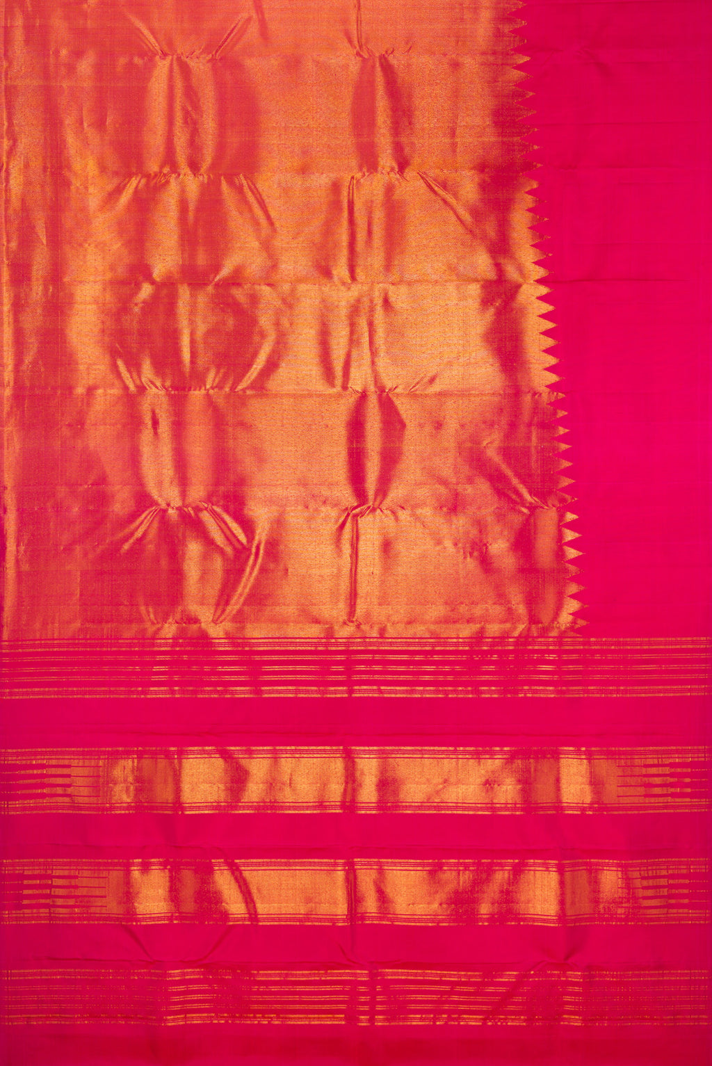 Flat view of Pure Silk Dark Pink Dual Tone Kanjivaram Saree with Plain Body and Rising Temple Border. 