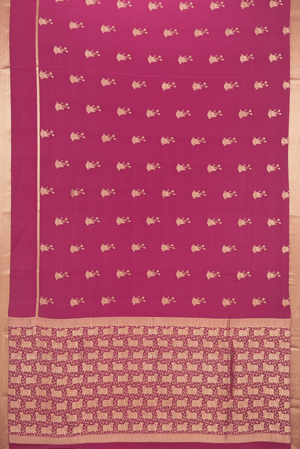 Flat view of Magenta Dual Tone Banarasi Georgette Saree with Zari Butta on the body and Zari Border. 