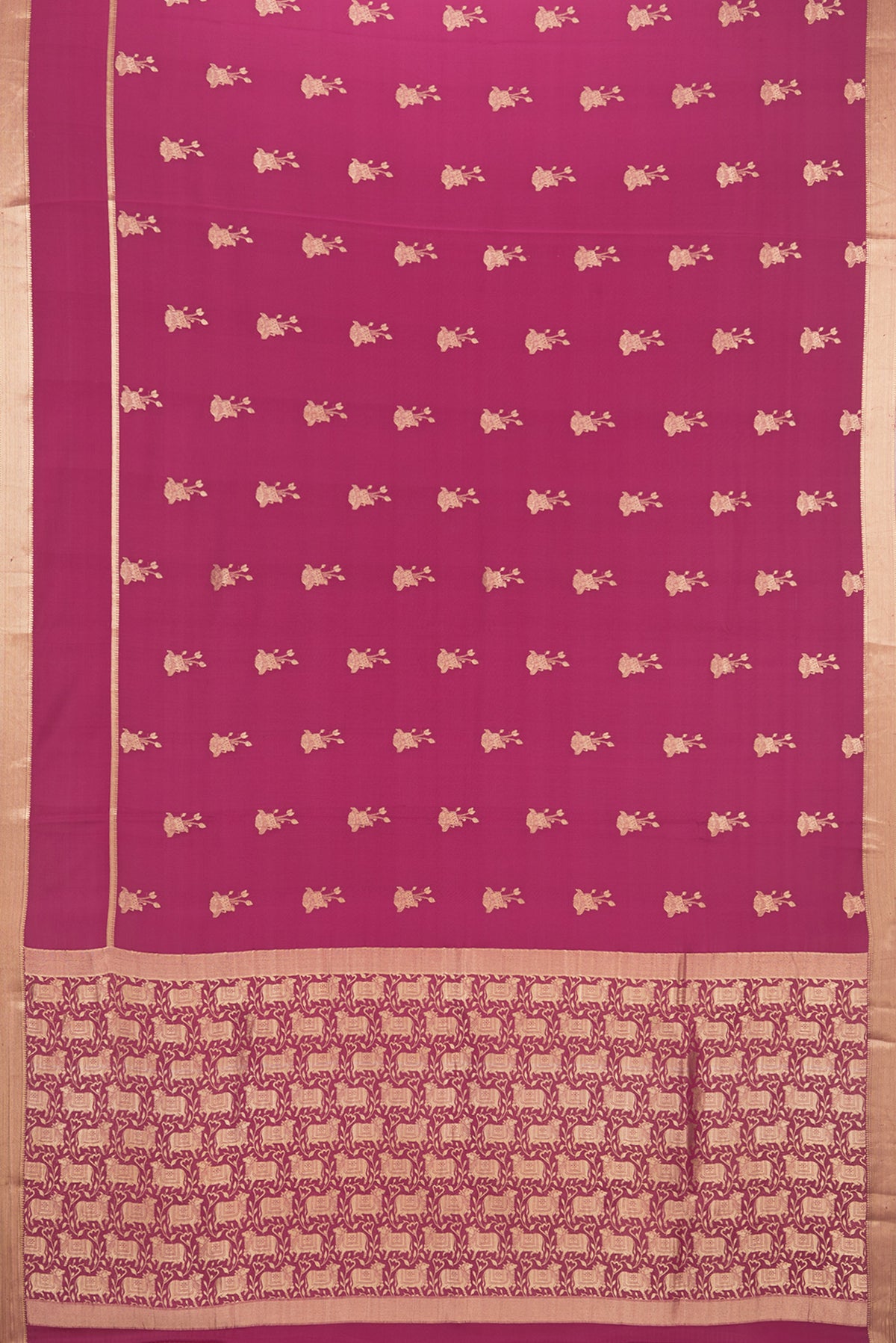 Flat view of Magenta Dual Tone Banarasi Georgette Saree with Zari Butta on the body and Zari Border. 