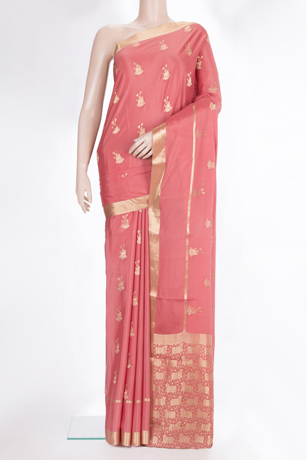 Pure Silk Pink Dual Tone Banarasi Georgette Saree with Zari Butta on the body and Zari Border.  displayed on a mannequin