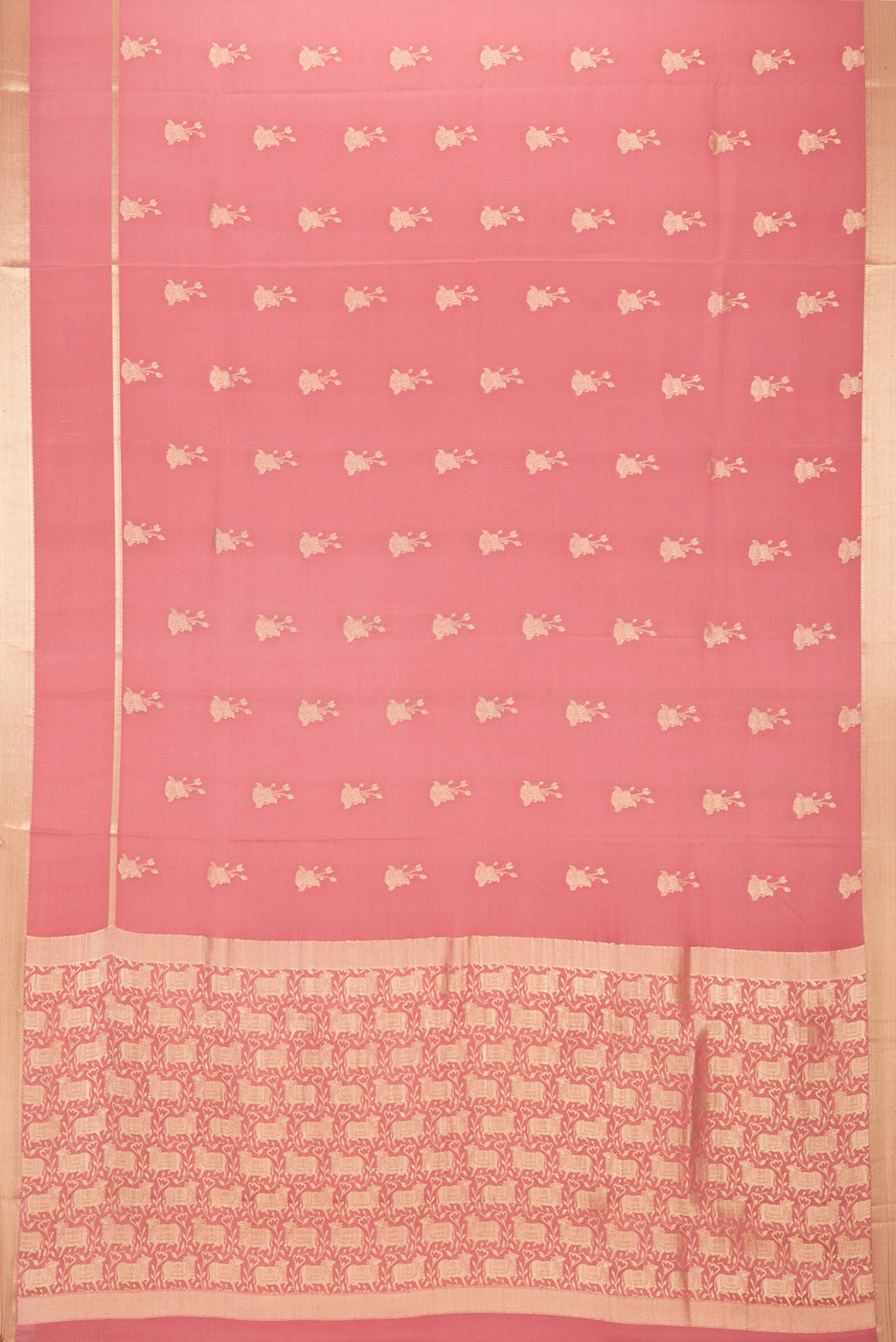 Flat view of Pure Silk Pink Dual Tone Banarasi Georgette Saree with Zari Butta on the body and Zari Border. 