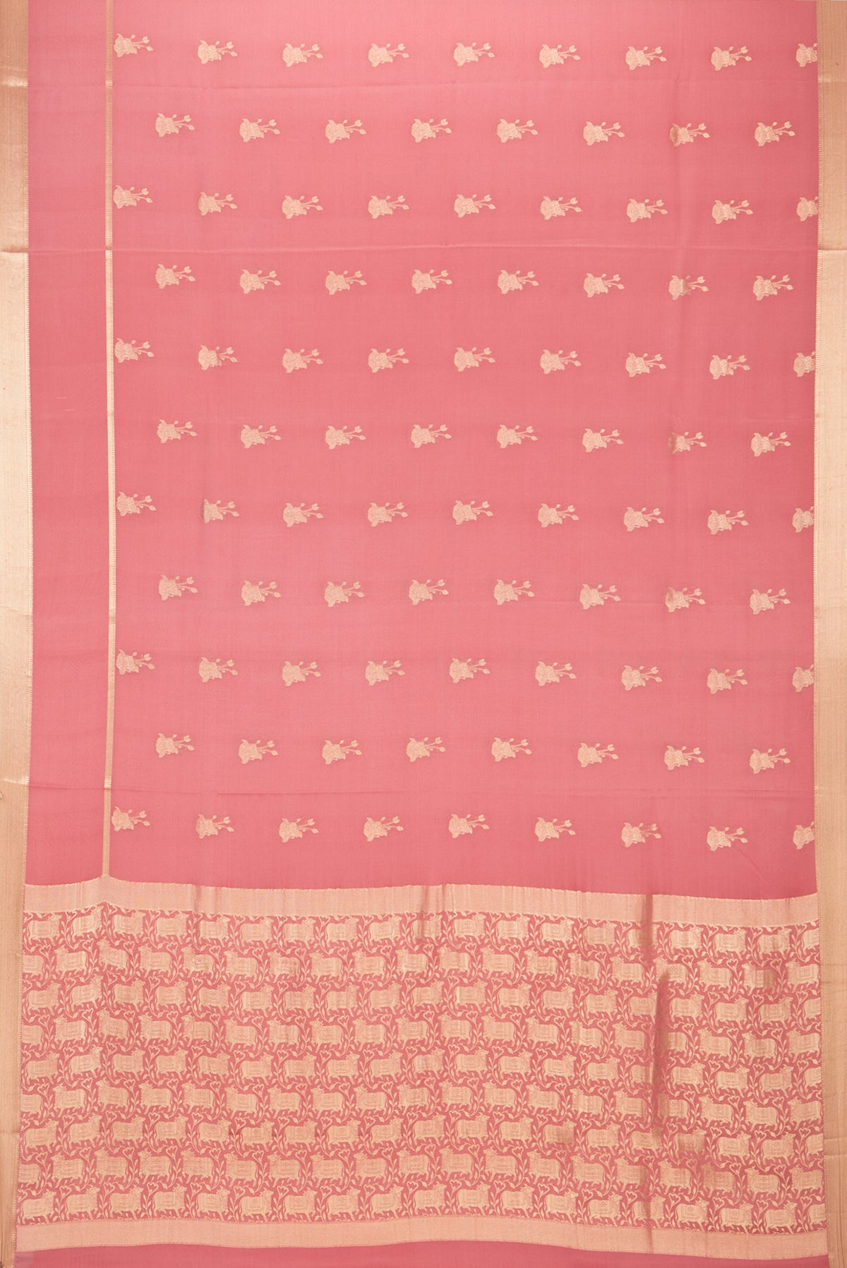 Flat view of Pure Silk Pink Dual Tone Banarasi Georgette Saree with Zari Butta on the body and Zari Border. 