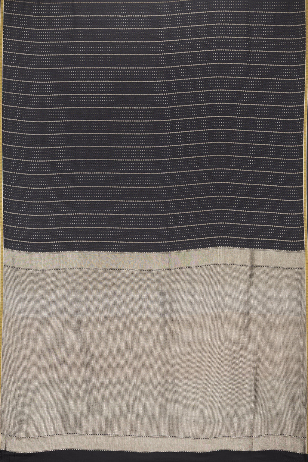 Flat view of Pure Silk Black Dual Tone Banarasi Georgette Saree with Stripes on the body and Zari Border. 