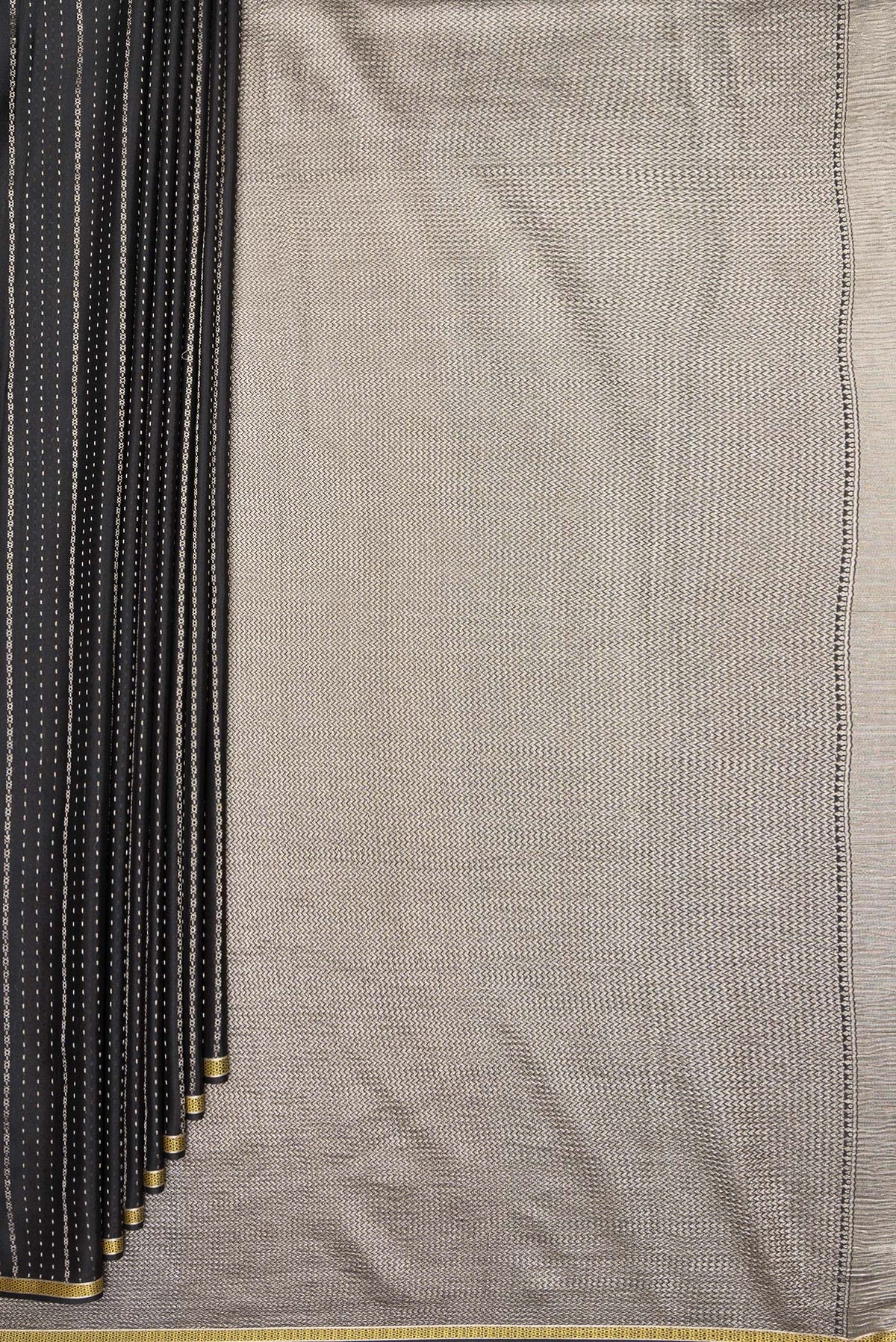 Pleats and pallu of Pure Silk Black Dual Tone Banarasi Georgette Saree with Stripes on the body and Zari Border. 