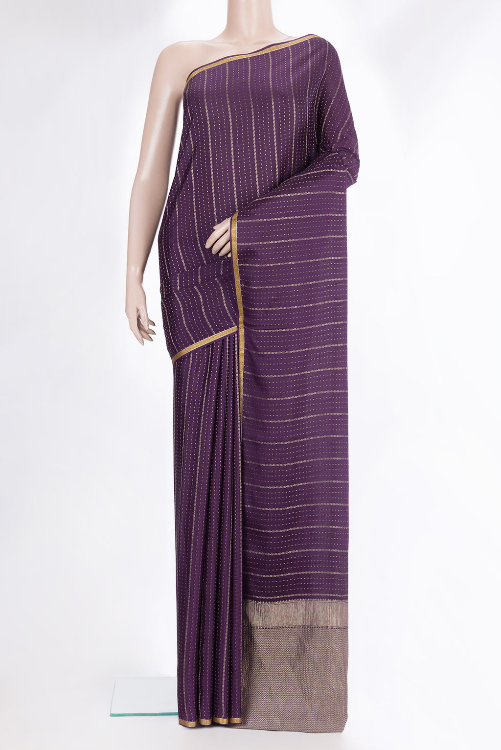 Purple Dual Tone Banarasi Georgette Saree with Stripes on the body and Zari Border.  displayed on a mannequin