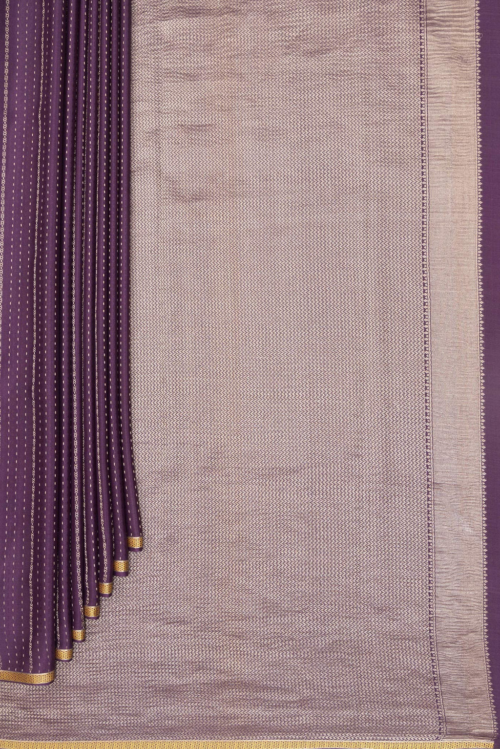 Pleats and pallu of Purple Dual Tone Banarasi Georgette Saree with Stripes on the body and Zari Border. 