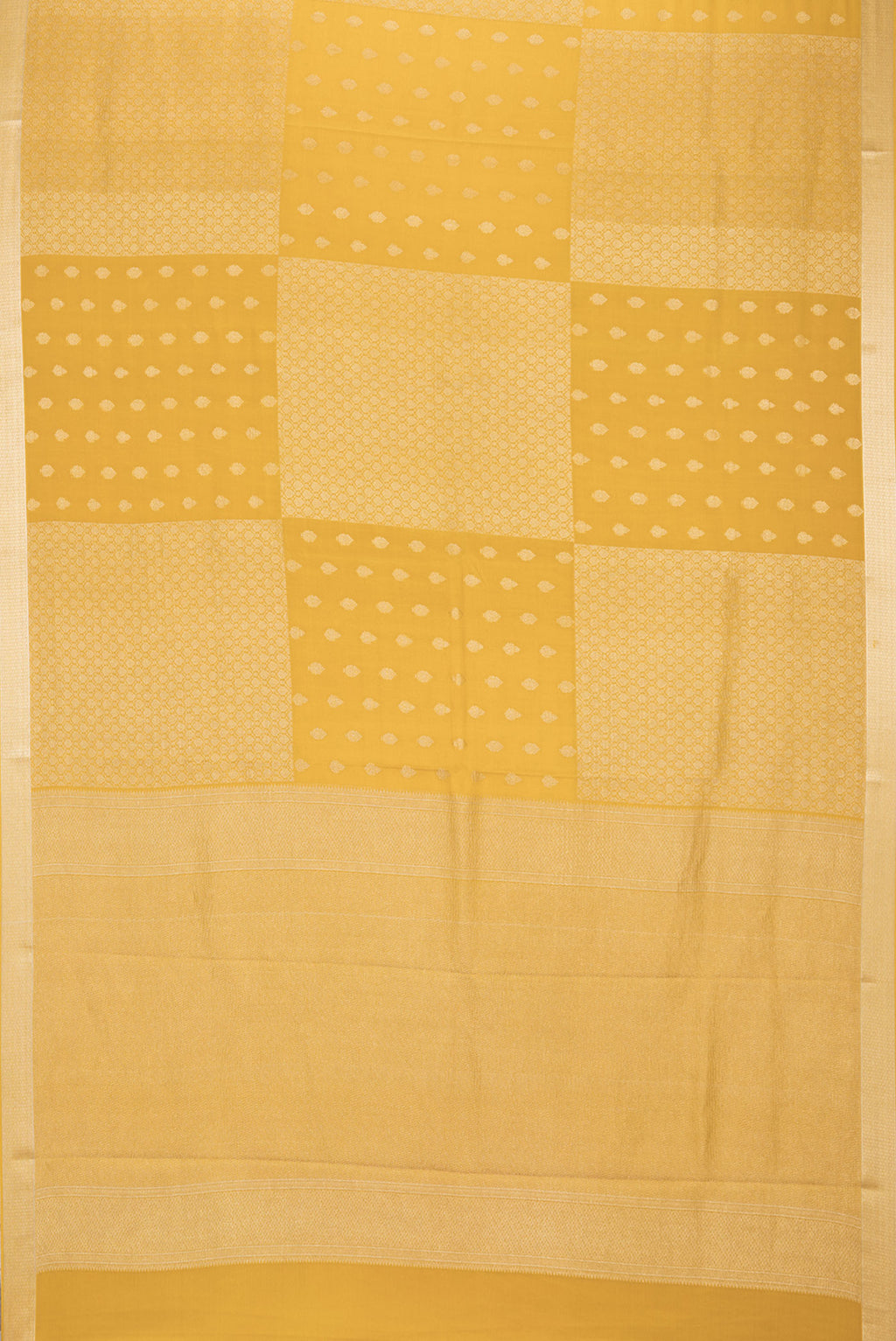 Flat view of Pure Silk Mustard Dual Tone Banarasi Georgette Saree with Zari Butta on the body and Zari Border. 