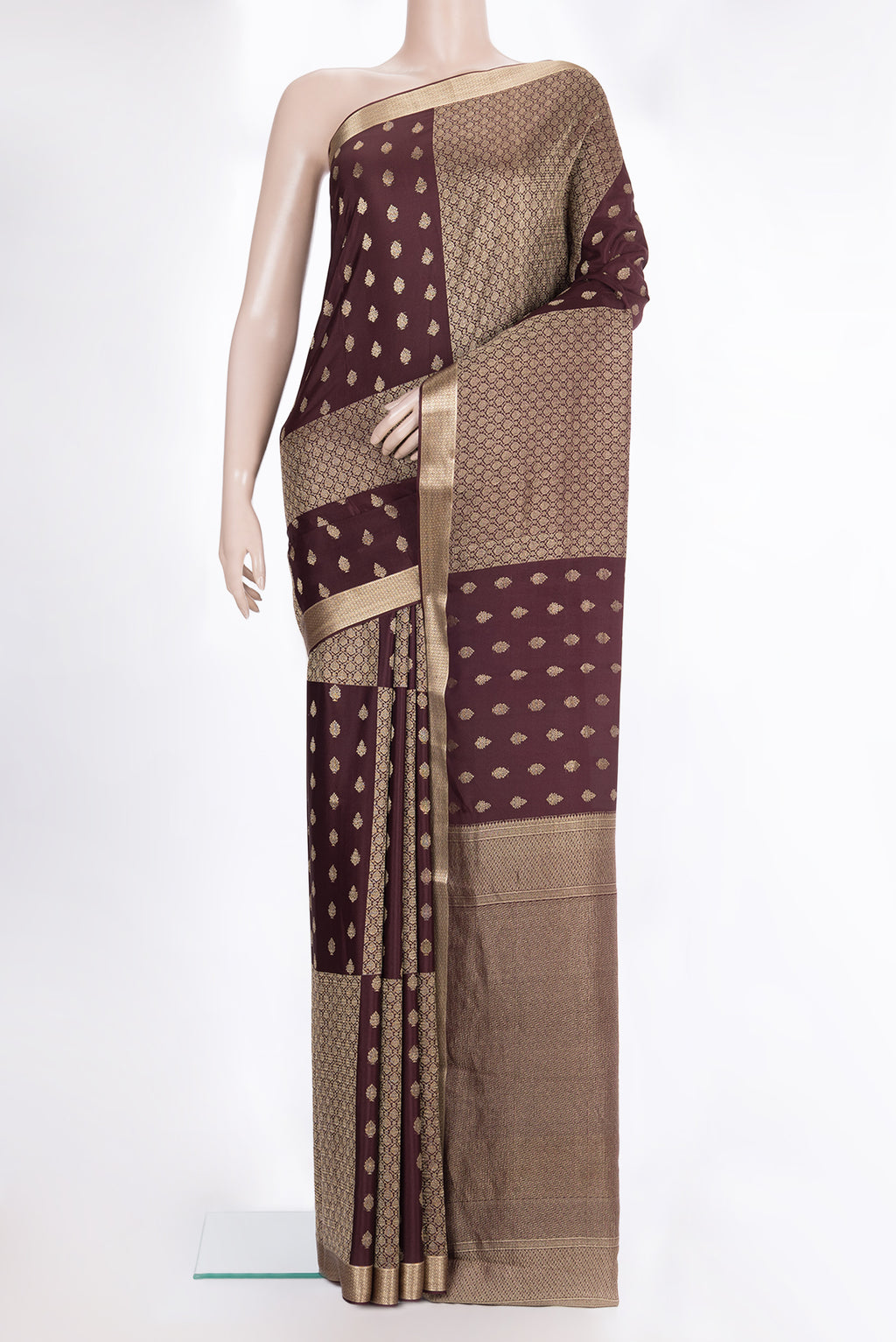 Pure Silk Coffee Brown Dual Tone Banarasi Georgette Saree with Zari Butta on the body and Zari Border.  displayed on a mannequin