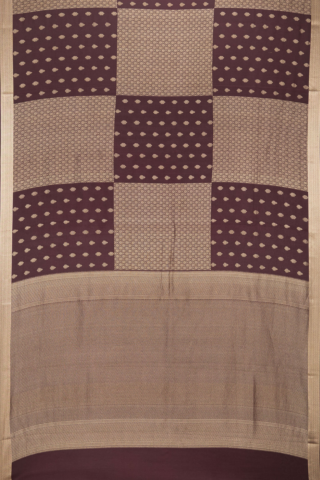 Flat view of Pure Silk Coffee Brown Dual Tone Banarasi Georgette Saree with Zari Butta on the body and Zari Border. 